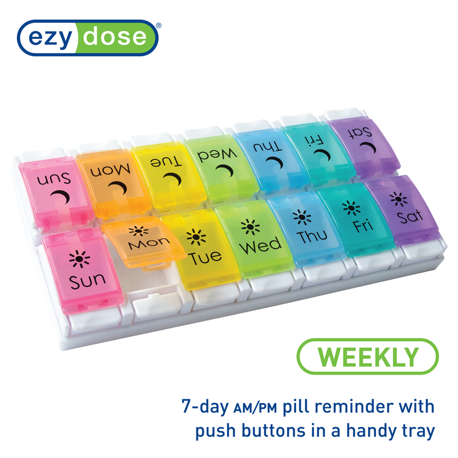 Rainbow weekly pill organizer, 2 times a day with push buttons in a handy tray