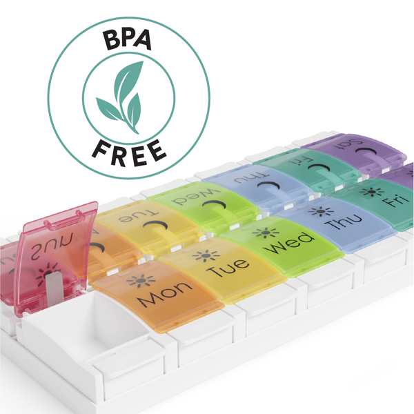 Rainbow weekly pill organizer, 2 times a day is BPA free